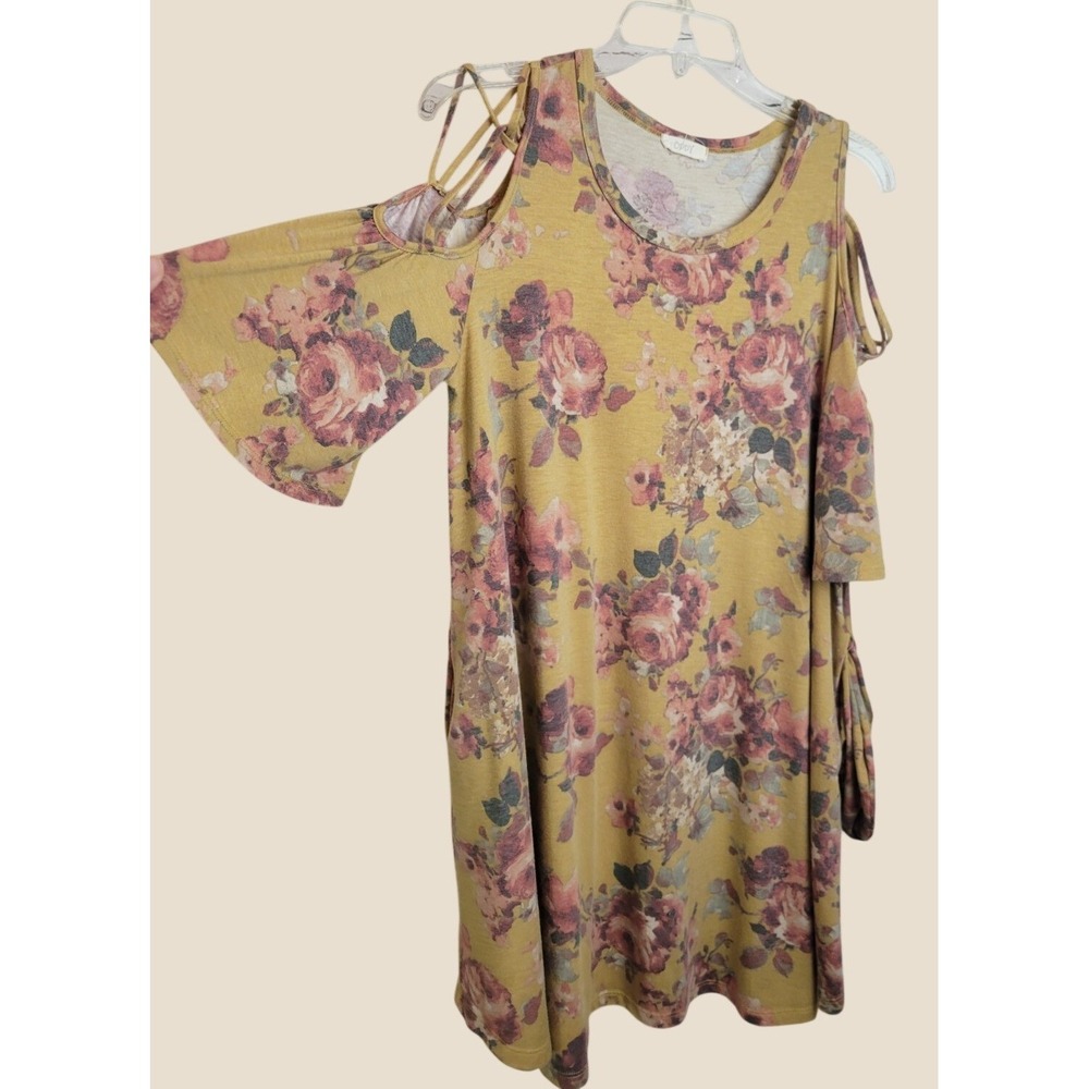 Oddy Tunic Top Cold Shoulder Boho Cottagecore Floral Knit Mustard Yellow Large